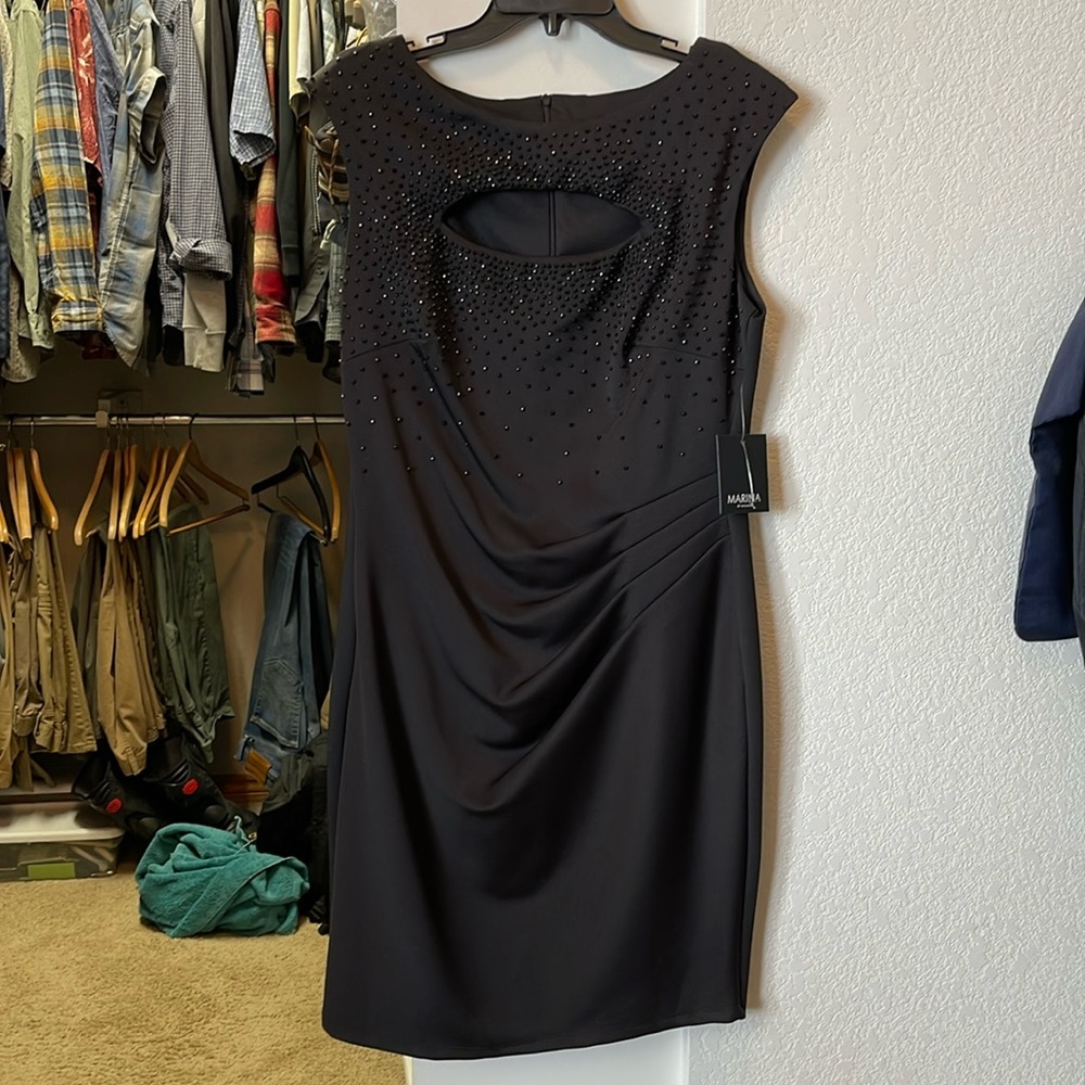 Black cocktail dress with beading and cutout